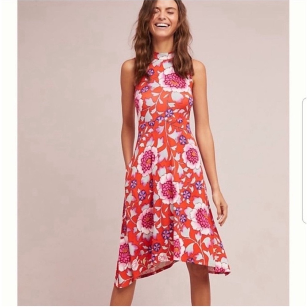 Anthropologie Maeve Cleary Red Floral Asymmetrical Midi Dress - Picture 2 of 12